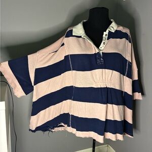 Free People We The Free Pink and Navy Oversized Rugby Shirt